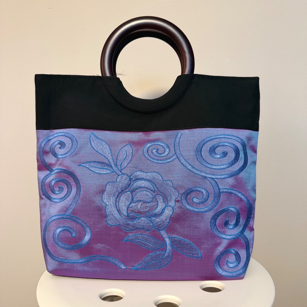 VTG 90s Iridescent Blue Purple Floral Bag Wooded Handles Medium y2K Purse